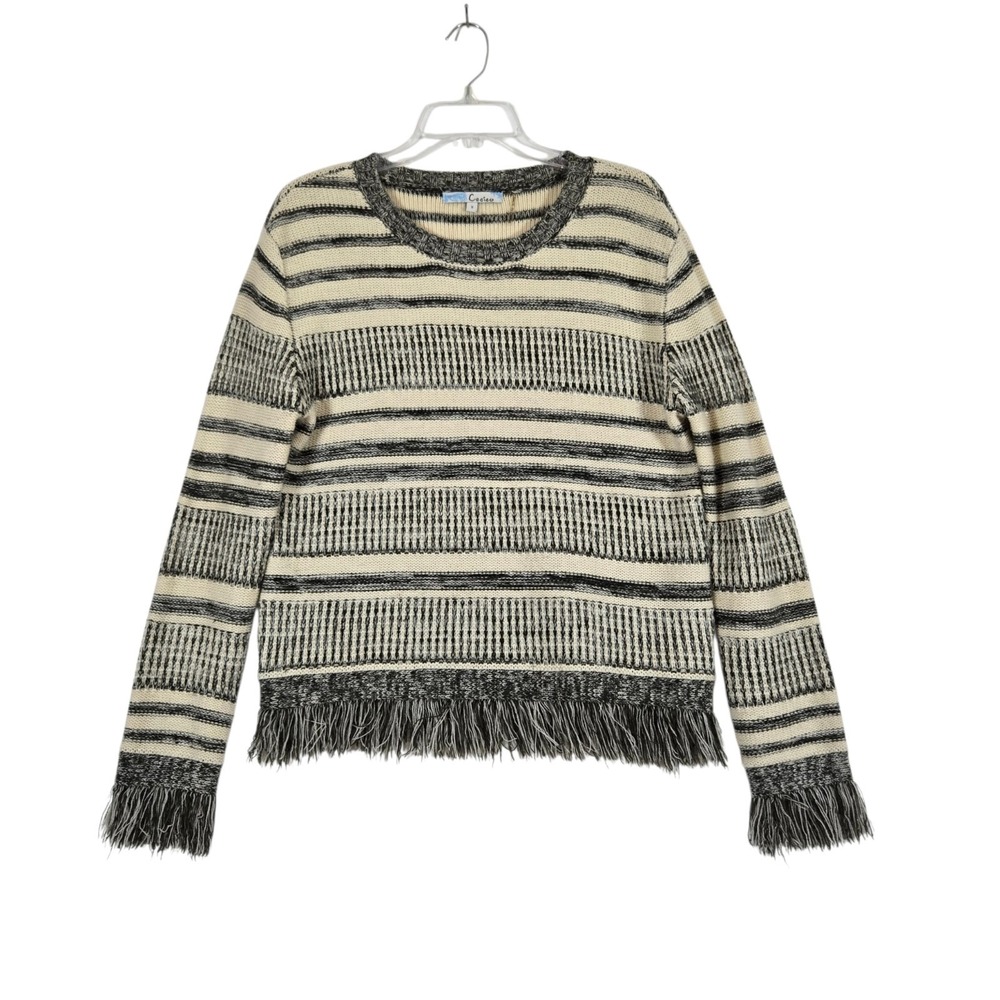 Ceciso Sweater Womens Small Beige Dark Green Knit Fringe Trim